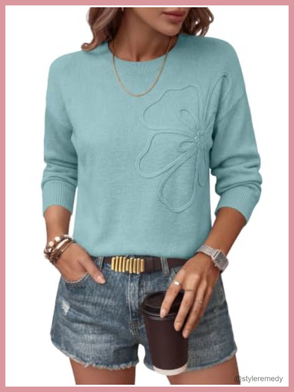 Women's 3D Floral Crew Neck Long Sleeve Pullover Sweater | Loose Fit Knit Top